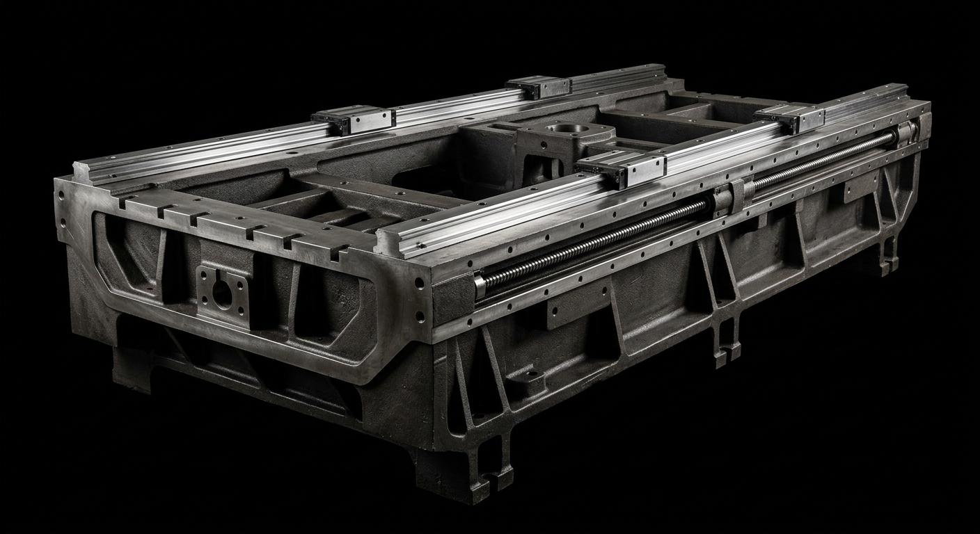 Monolithic cast iron machine bed with precision linear rails
