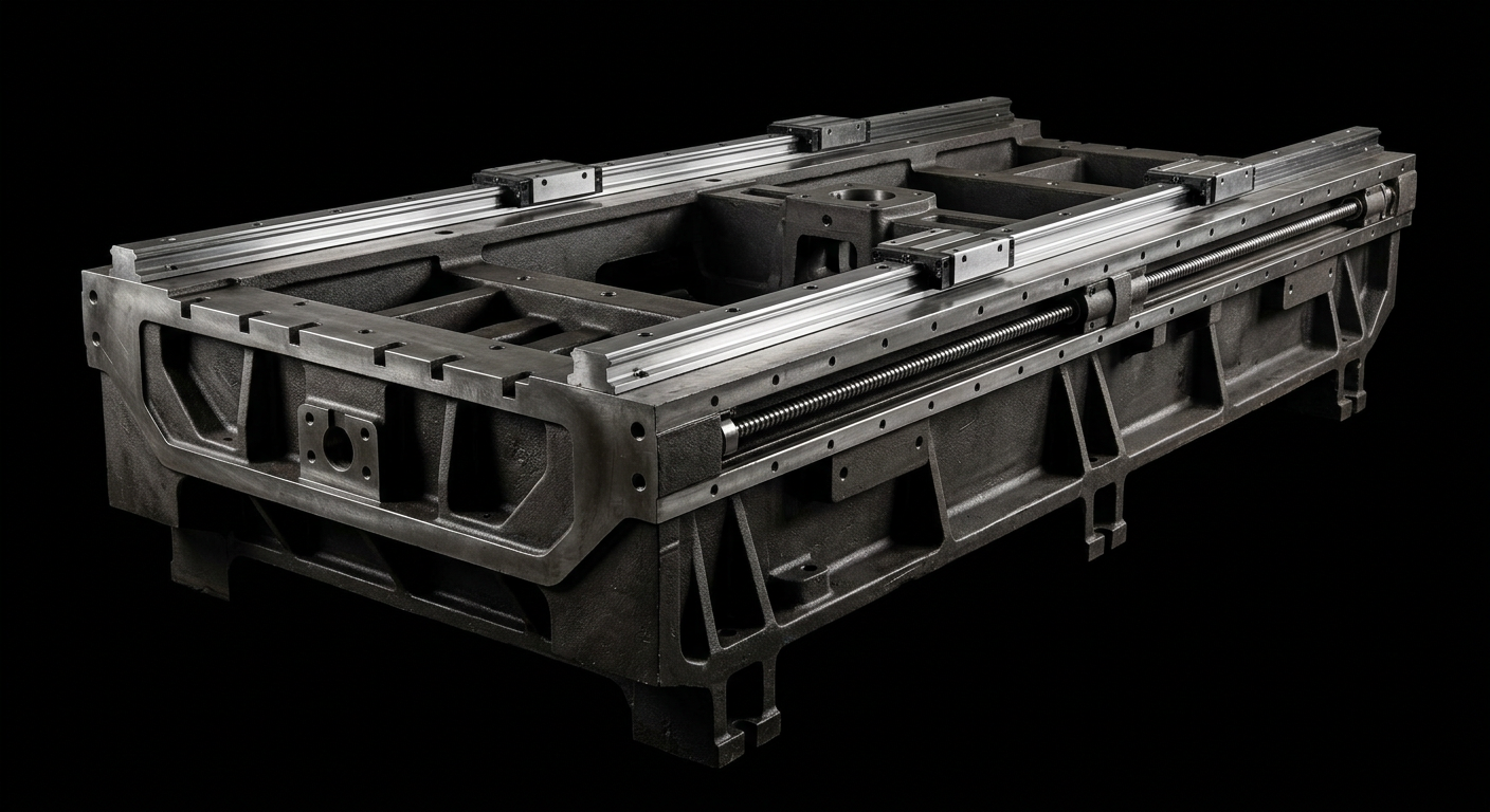 Monolithic cast iron machine bed with precision linear rails